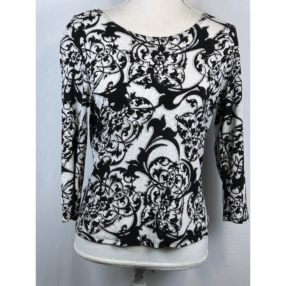Brittany Blake Blouse Womens M Silver Black Excellent Damask Metallic Scoop Neck